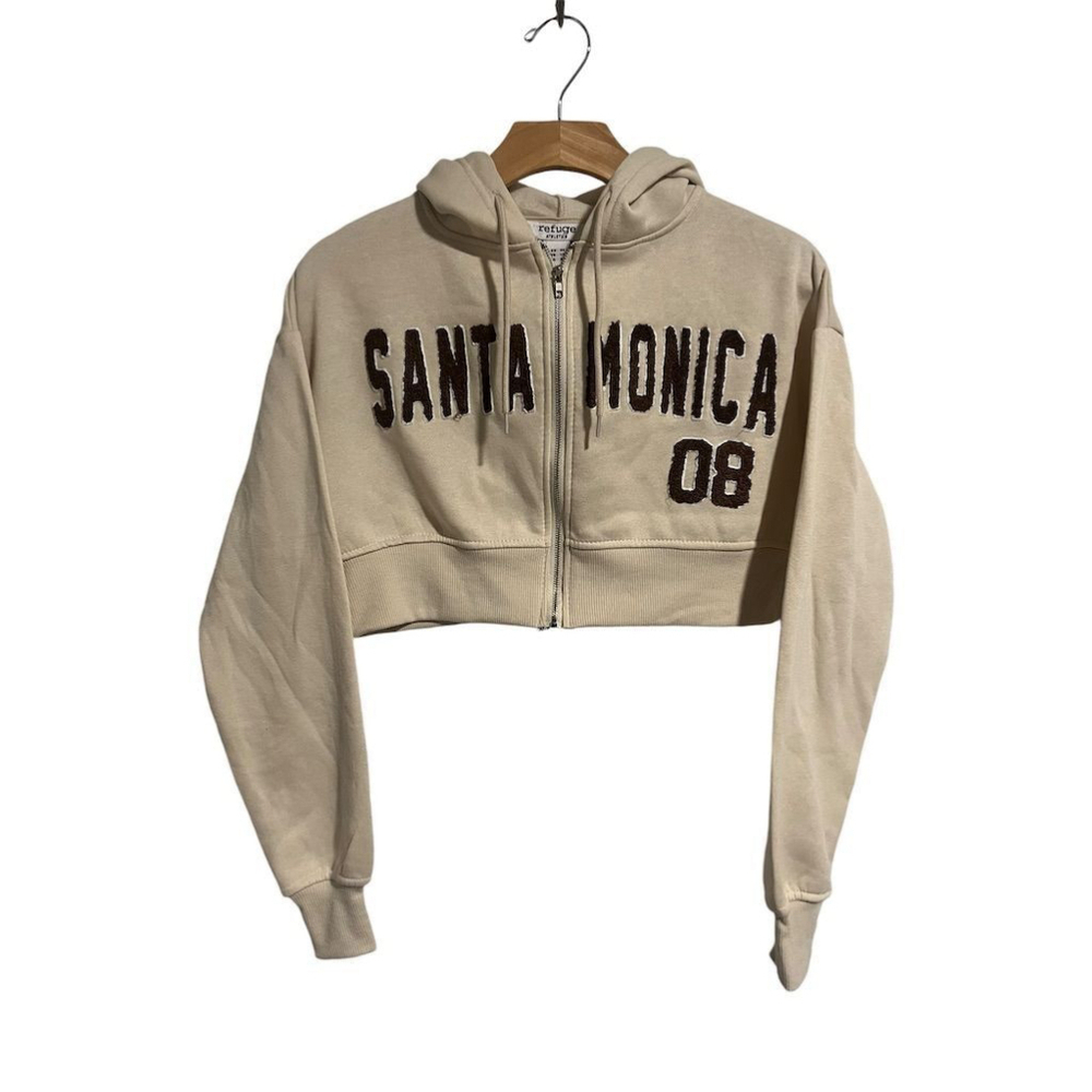 Refuge Cropped Hoodie Jacket Women's XS Beige Full Zip Long Sleeve Santa Monica